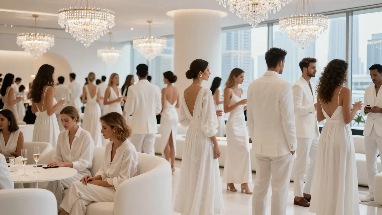 Luxury club interior filled with guests dressed strictly in white attire