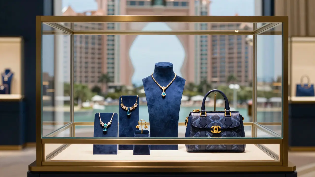 Luxury jewelry display inside a boutique at Atlantis The Palm