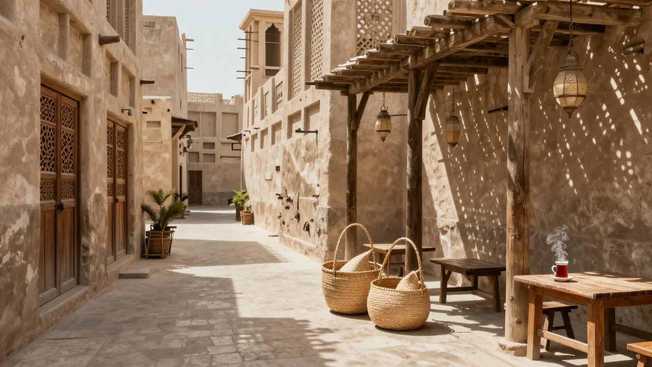 Narrow alley in Al Fahidi with wind-tower buildings and artisan crafting palm baskets under shaded courtyard.