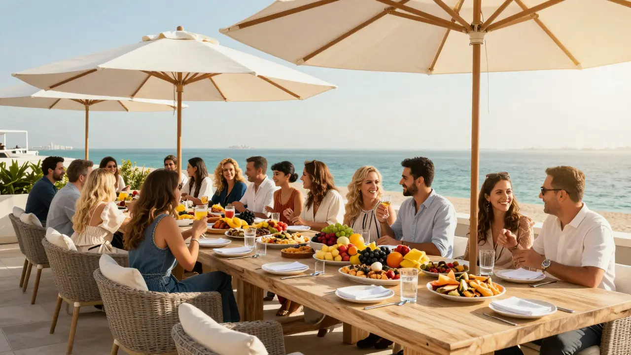 Outdoor hotel terrace brunch with diverse guests socializing over a meal spread.