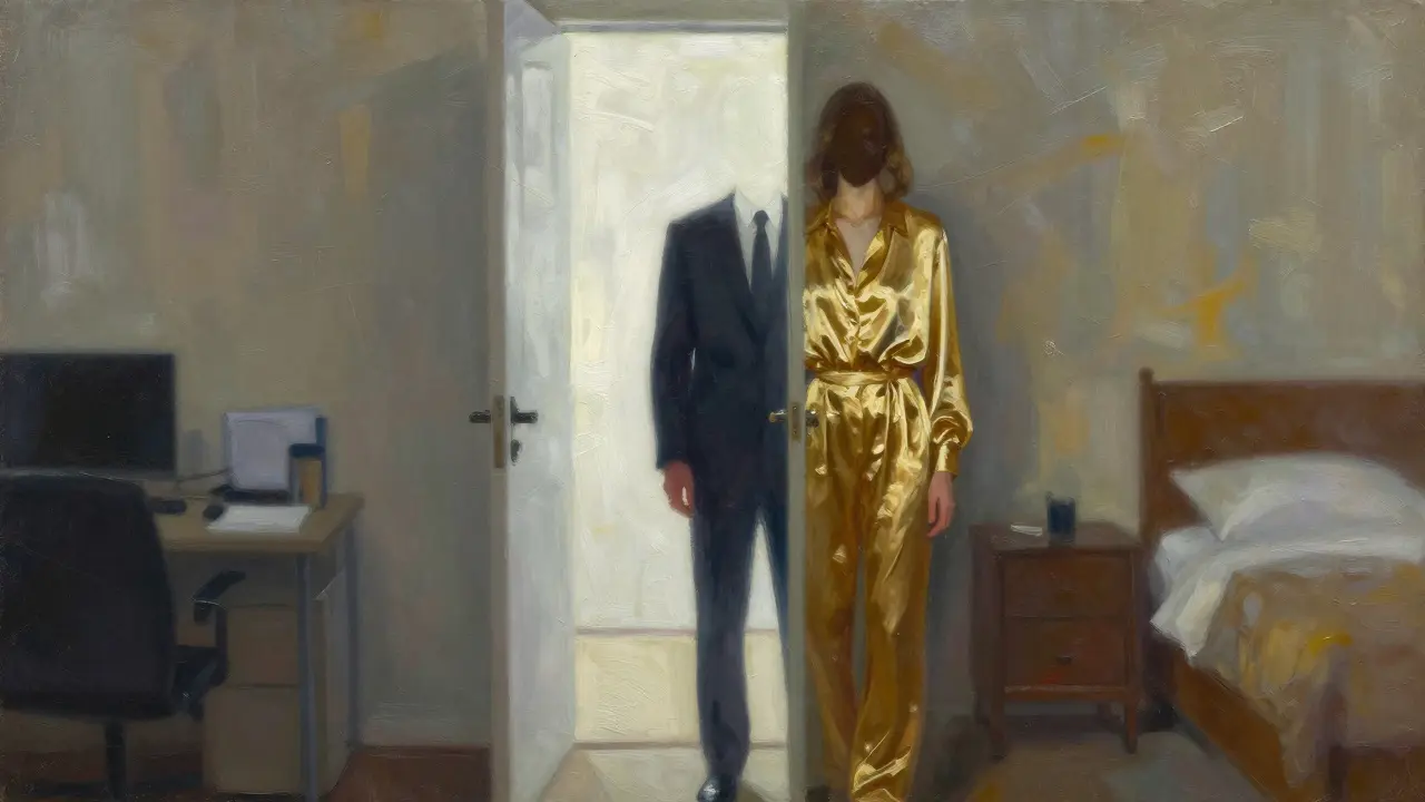 Person split into professional and private sides by contrasting light.