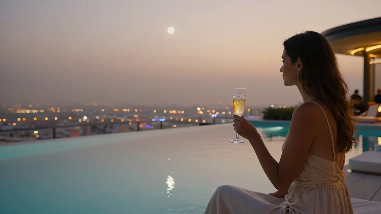 Private rooftop infinity pool at Billionaire Dubai at dawn, couple sipping champagne under city lights.