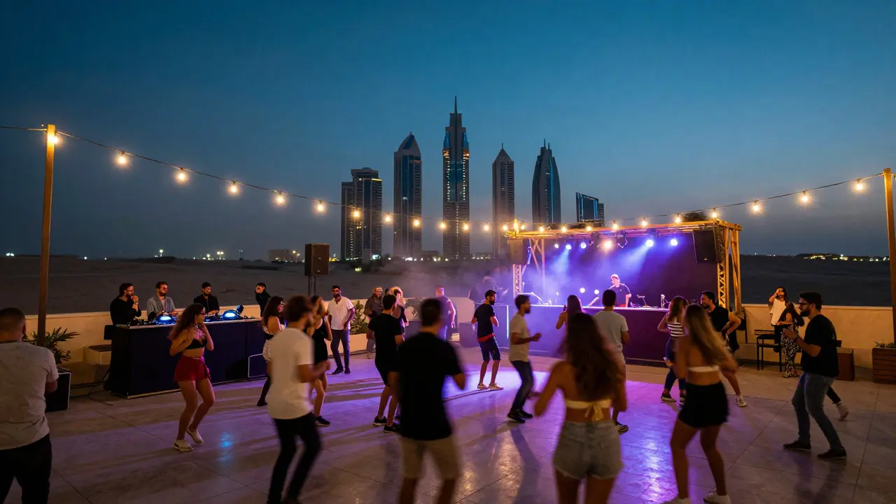 Rooftop club party with city skyline visible in background