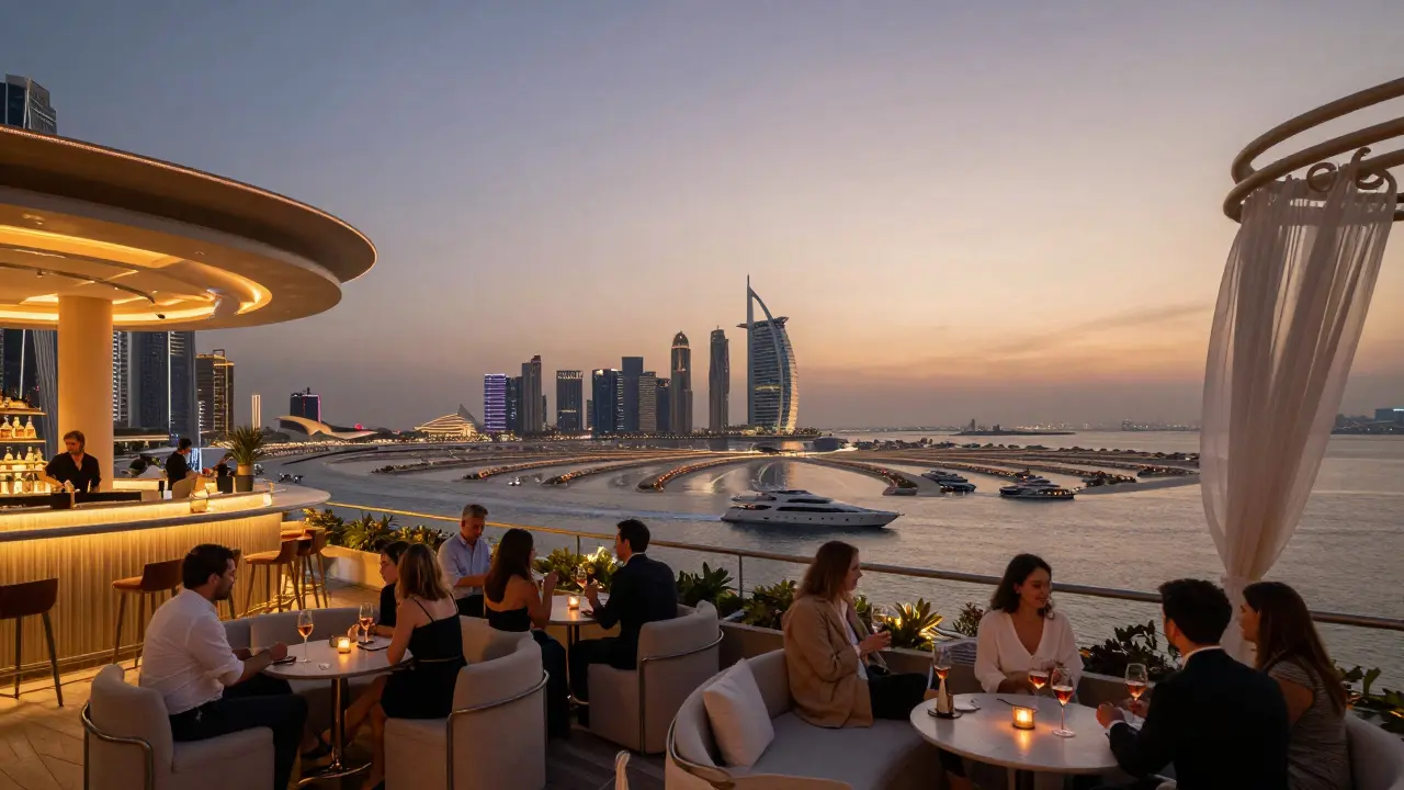 Rooftop lounge overlooking Dubai Marina at dusk with yachts on the water and the Palm Jumeirah crescent in the background.