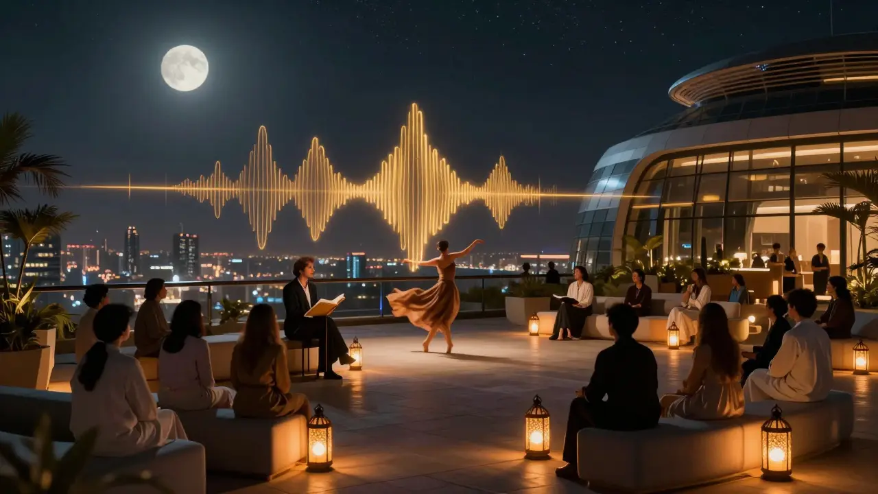 Rooftop terrace at Dubai Opera under starry skies, a dancer moving to sound waves, lanterns and quiet listeners nearby.