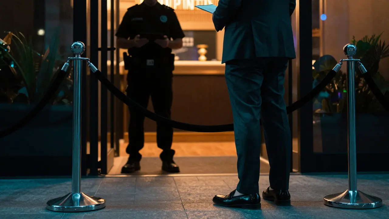 Security checking entry at exclusive Dubai nightclub with velvet rope