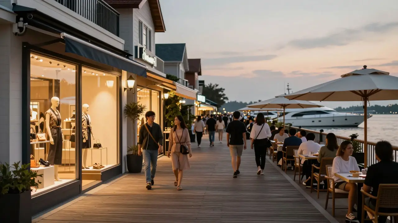 Shoppers walking along The Pointe boardwalk at dusk with yachts