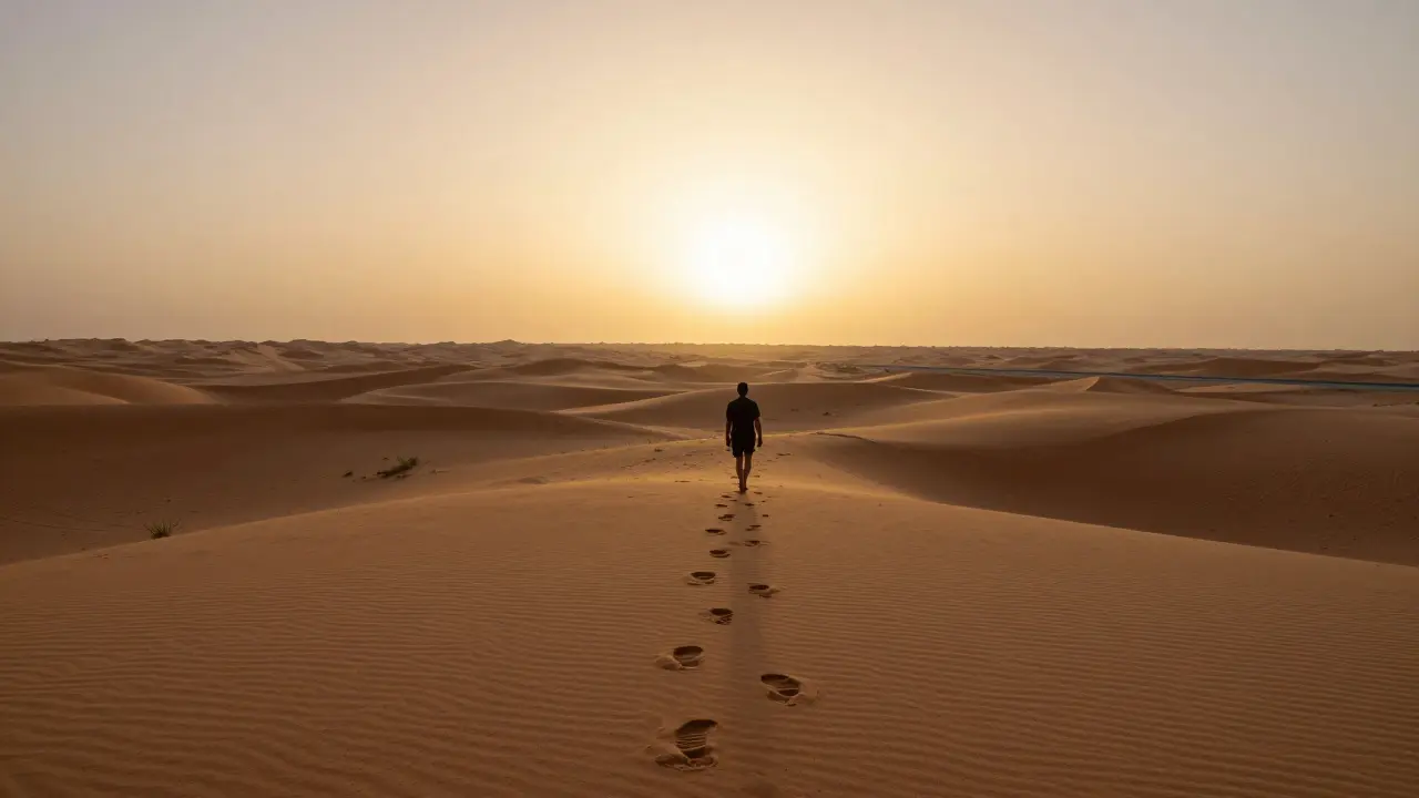 Solo walker leaving footprints in desert dunes at sunset, vast horizon stretching under golden sky.