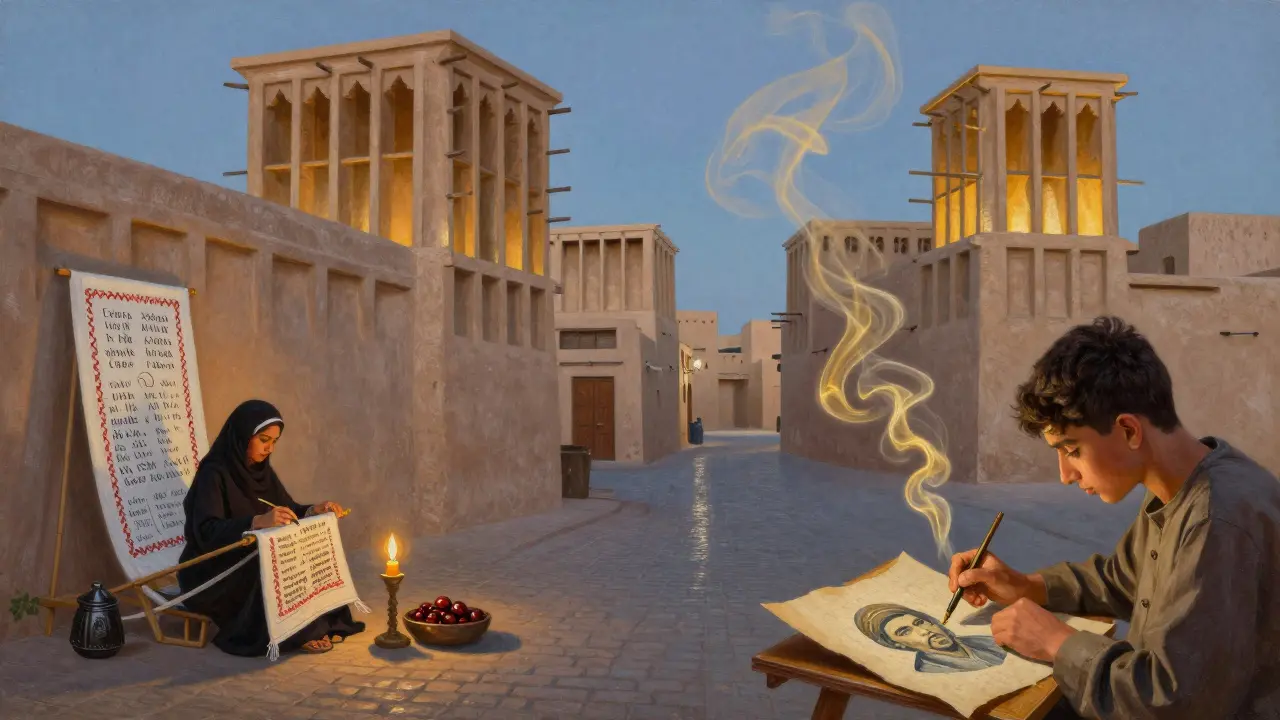 Traditional wind-tower homes in Al Fahidi turned into art studios, a woman embroidering poetry, candlelight and oud smoke in the air.