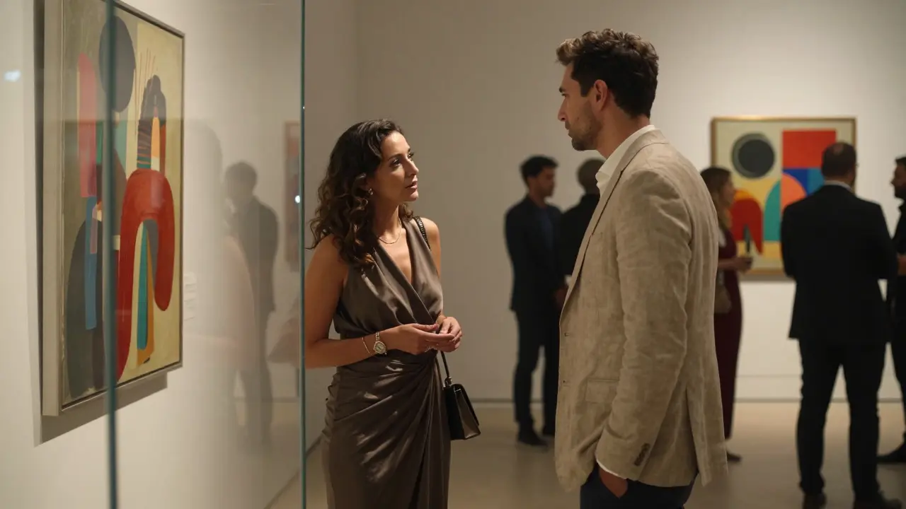 Two guests discussing art at a private gallery opening during Art Dubai, surrounded by elegant decor.