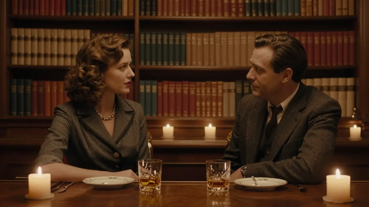 Two people in a luxurious library bar, illuminated by candlelight among bookshelves.