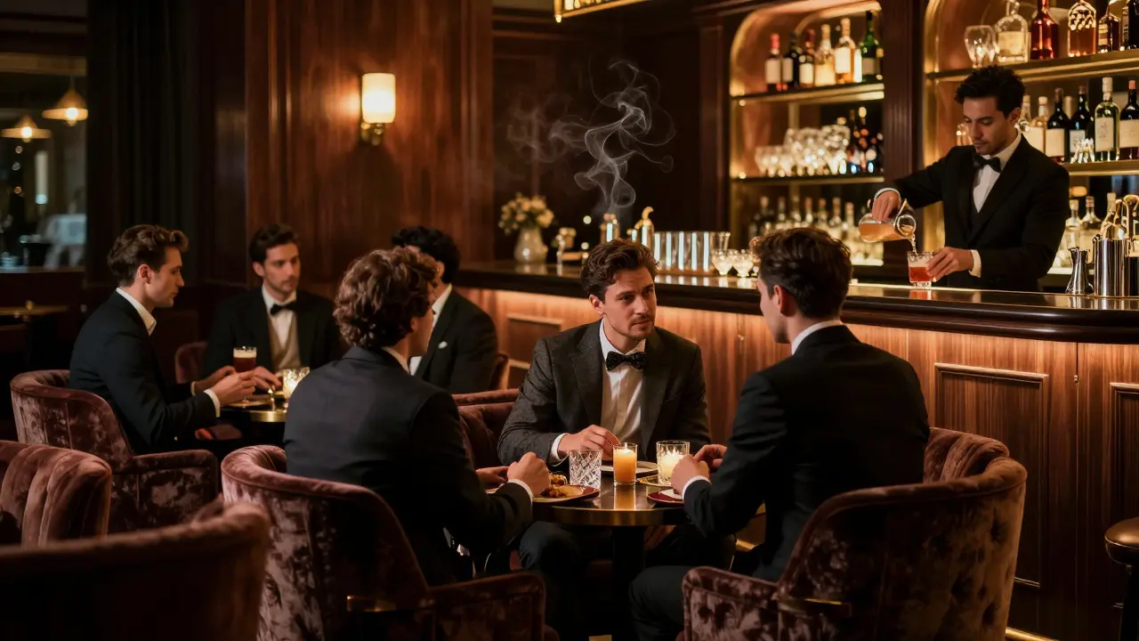 Upscale lounge interior featuring dim lighting and guests with drinks.