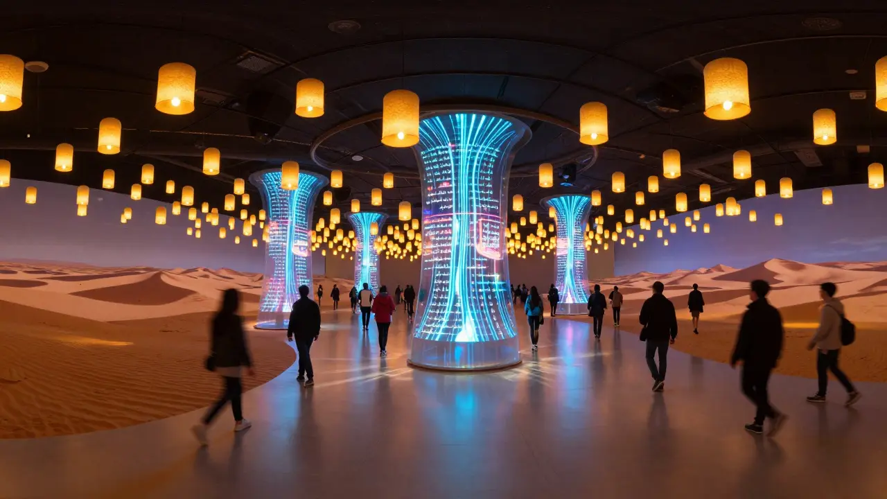 Visitors walking through a glowing, shifting holographic art installation at the Museum of the Future in Dubai.