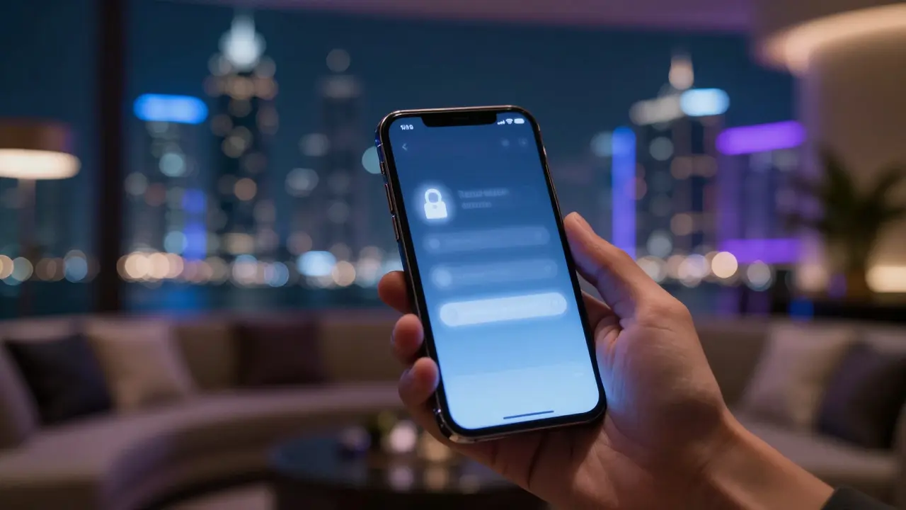 Close-up of a smartphone being used for discreet messaging in a lounge