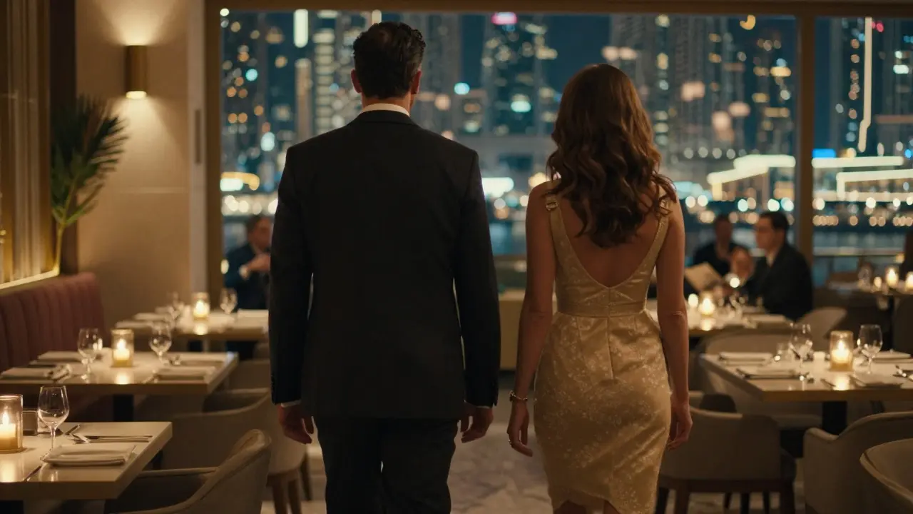 Elegant couple walking into a high-end Dubai restaurant