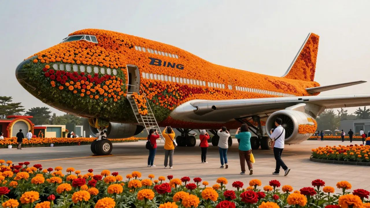 Flower-covered airplane attraction with tourists visiting