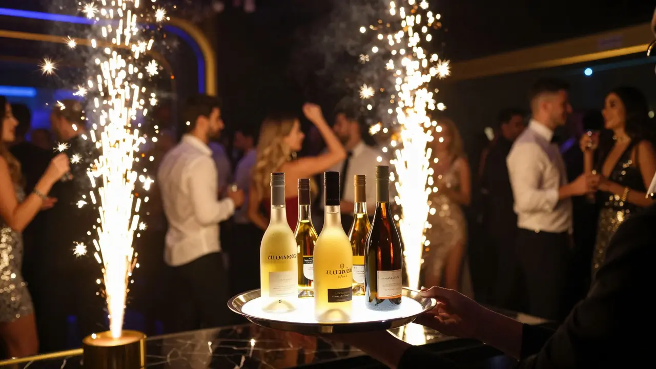 Luxury bottle service with sparkling pyrotechnics at a VIP table in a club.