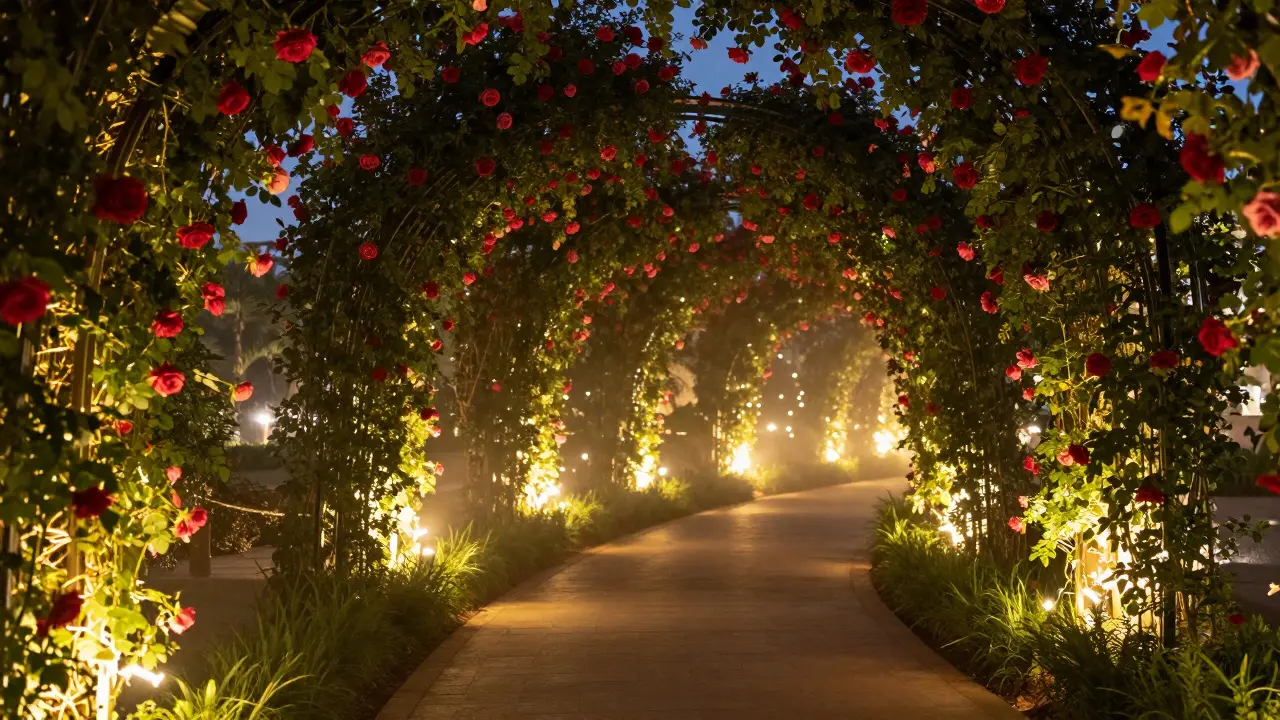 Rose tunnel pathway with glowing evening lights